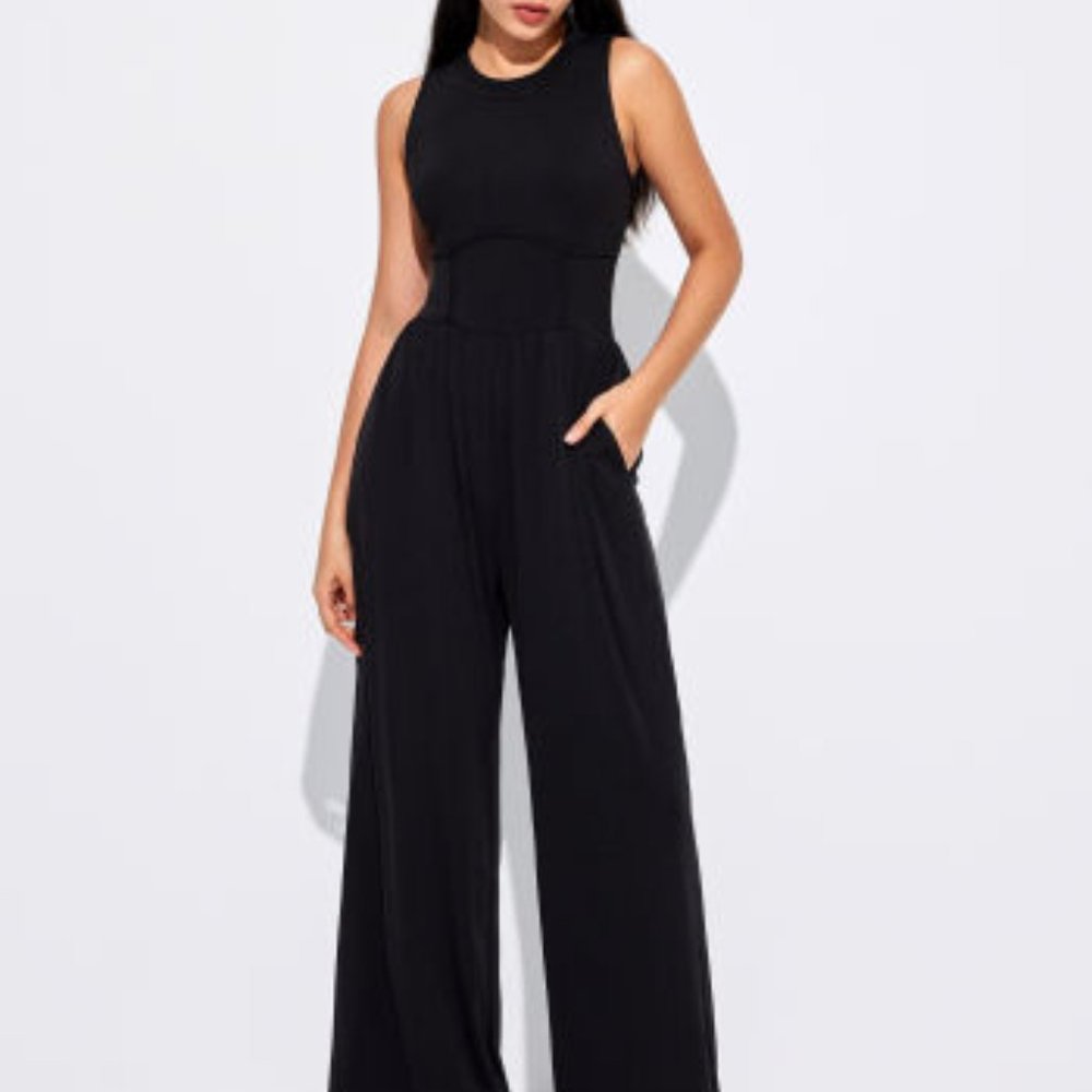 New in bag Cider Solid Sleeveless Wide Leg Jumpsuit Medium black